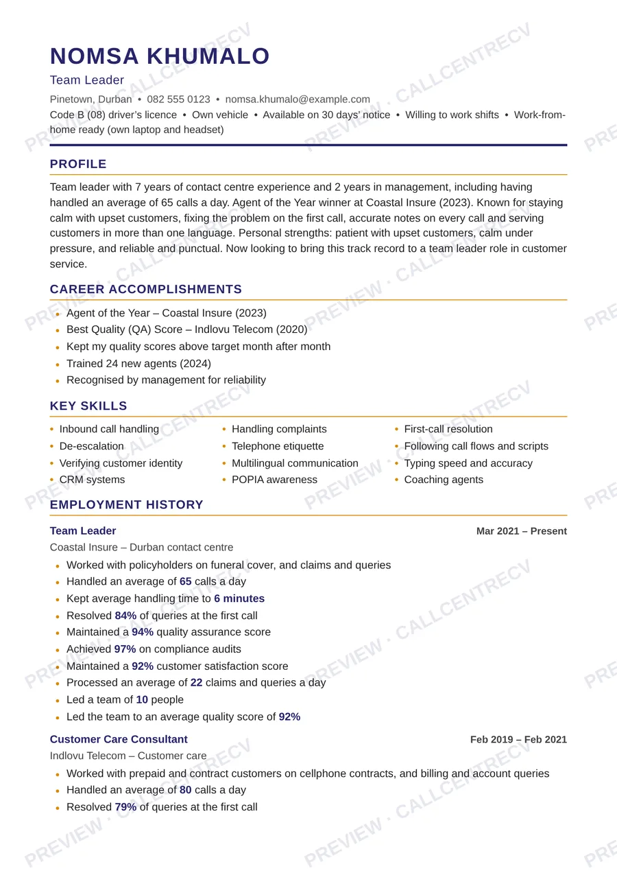A sample call centre CV made with CallCentreCV, with a profile, accomplishments, key skills and employment history