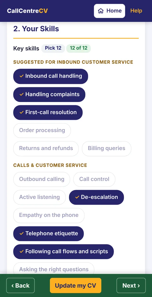 The CV form on a phone: tap the skills that fit you