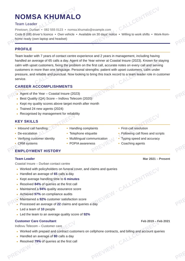 Sample CV for a senior customer service consultant (made-up person)